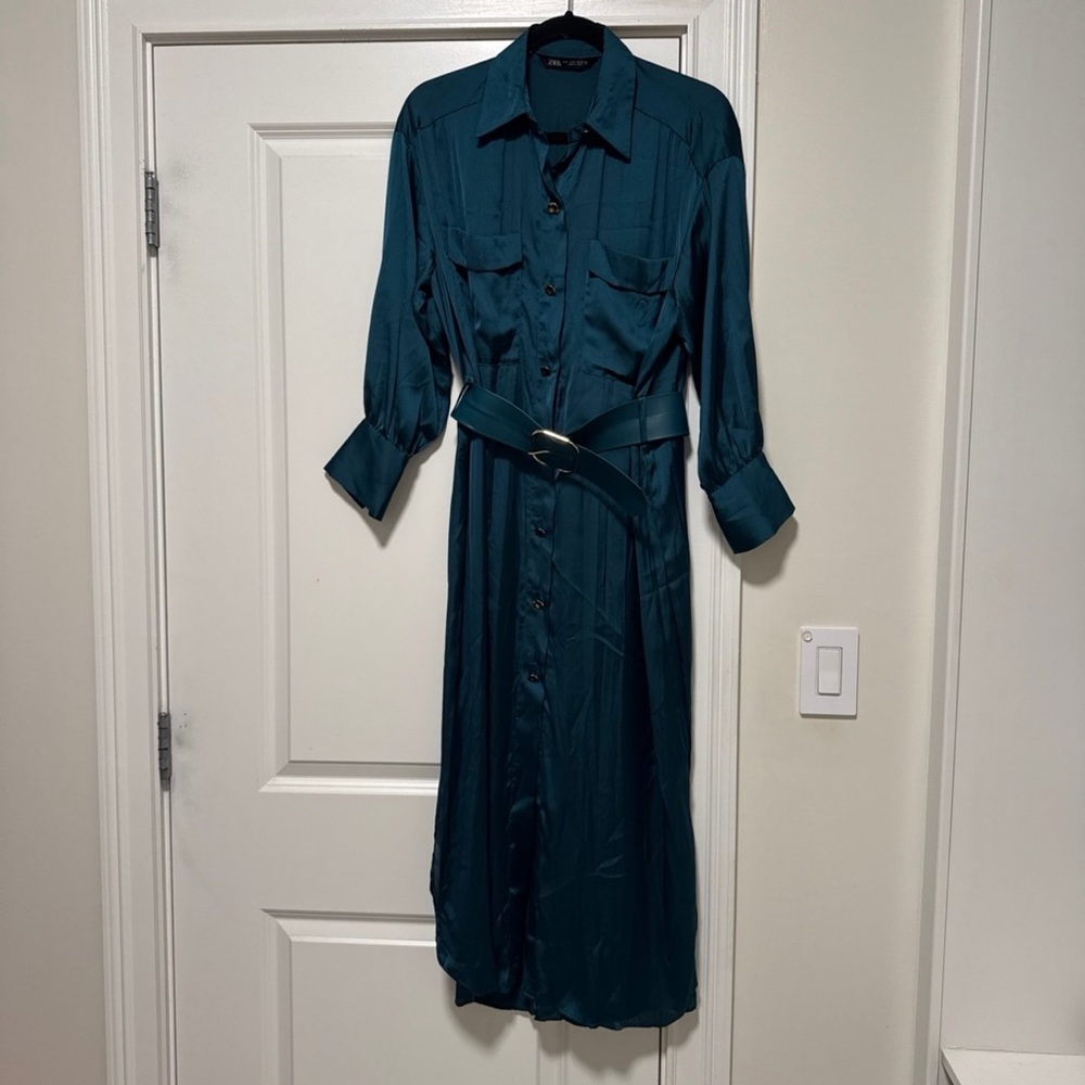 Zara Teal Long Sleeve Dress with Belt - Picture 4 of 7